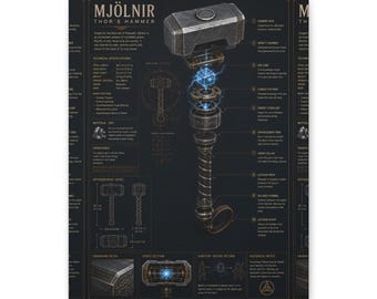 Mjolnir Thor Hammer Blueprint Canvas Art, Norse Mythology Tech Poster, Viking Nerd Decor