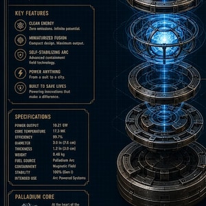 May include: A technical poster detailing the Mark I Arc Reactor, featuring an exploded view of the metallic device with a glowing blue core. The text includes specifications like a 3.0 inch diameter, 1.2 inch thickness, and 0.48 kg weight.