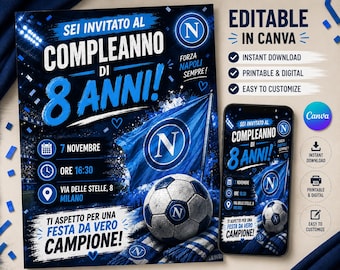 Napoli Birthday Invitation Template | Editable Canva Birthday Invite | Soccer Party Invitation | Football Birthday Invitation | Instant Down