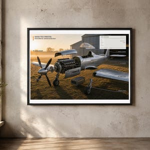 May include: A framed technical poster titled 1940s War Fighter featuring an exploded view of a silver propeller aircraft. The diagram highlights components like the bubble canopy, engine, wing, and landing gear with lines and labels.