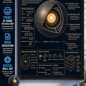 May include: A dark-themed educational poster titled Dyson Sphere featuring a central cross-section diagram of a star encased in a megastructure. The print includes technical specifications, an energy flow diagram, and detailed structural labels.