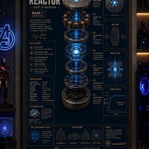 May include: A framed technical poster titled Stark Reactor Heart of Invention Mark I. The print features an exploded view of the arc reactor with blue glowing components, detailed specifications, energy flow diagrams, and Stark Industries branding.