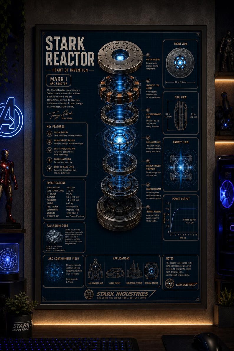 May include: A framed technical poster titled Stark Reactor Heart of Invention Mark I. The print features an exploded view of the arc reactor with blue glowing components, detailed specifications, energy flow diagrams, and Stark Industries branding.