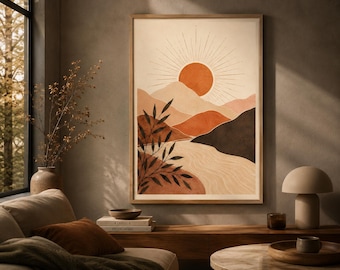 Boho Sun Mountain Print, Terracotta Abstract Landscape (Digital Download)