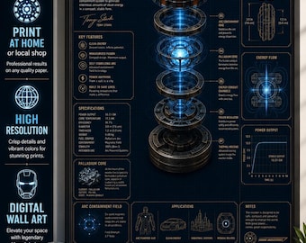 Ark Reactor Digital Blueprint Download, Tony Stark Technical Poster Printable, Iron Man Movie Schematic SVG JPG, Geek Office Setup Wall Art