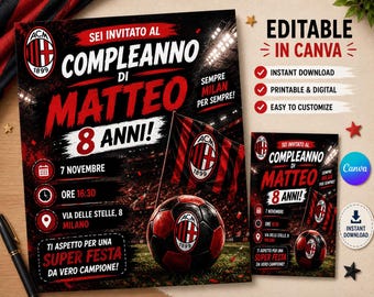 Milan Birthday Invitation Template | Editable Canva Birthday Invite | Soccer Party Invitation | Football Birthday Invitation | Instant Downl