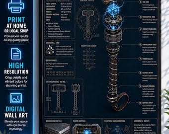 Thor Mjolnir Technical Blueprint Poster, Norse Mythology Hammer Diagram Print (Digital Download)