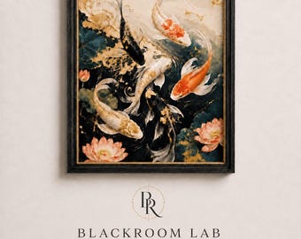 Celestial Koi Wall Art | Japanese Fish Printable Poster | Moon Floral Decor | Digital Download