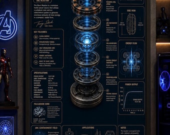 Ark Reactor Blueprint Canvas Wall Art, Tony Stark Technical Poster, Superhero Geek Room Decor, Avengers Movie Schematic Print, Gamer Gift