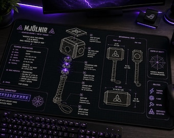 Mjolnir Thor Hammer Blueprint Gaming Desk Mat, Norse Mythology Mouse Pad XL Keyboard Mat