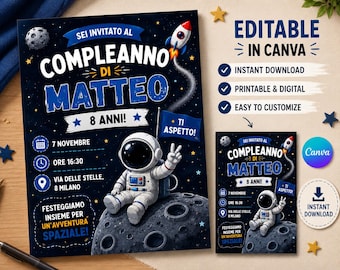 Astronaut Birthday Invitation Template | Space Party Invite Editable Canva | Kids Birthday Invitation | Printable & Digital Download