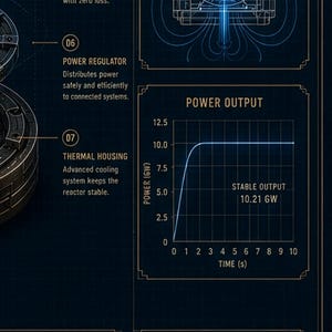 May include: A technical blueprint poster featuring a dark blue background with gold lines and text. It displays diagrams of a palladium core, energy flow, and a power output graph showing 10.21 GW. Includes labels for Stark Industries and notes.