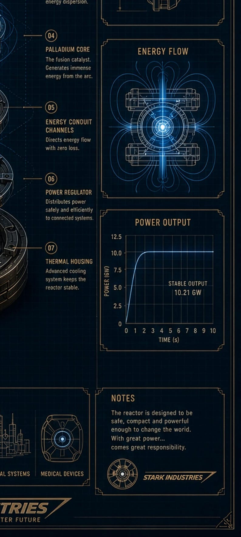 May include: A technical blueprint poster featuring a dark blue background with gold lines and text. It displays diagrams of a palladium core, energy flow, and a power output graph showing 10.21 GW. Includes labels for Stark Industries and notes.