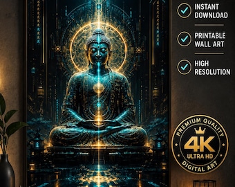 Cyber Zen Buddha Poster | Futuristic Spiritual Wall Art | Printable Buddhist Decor | Meditation Wall Art | Instant Download