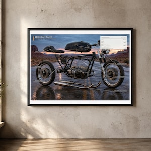 May include: A framed wall art print titled Boxer Cafe Racer featuring a technical diagram of a black motorcycle chassis with a fuel tank, seat, and engine. The image includes technical specifications and labels overlaid on a desert road background.