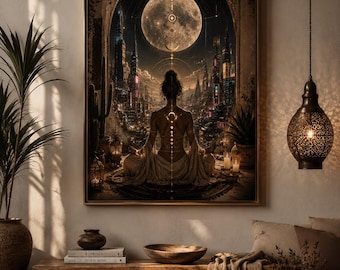 Cyberpunk Boho Wall Art, Futuristic Yoga Meditation Poster (Digital Download)