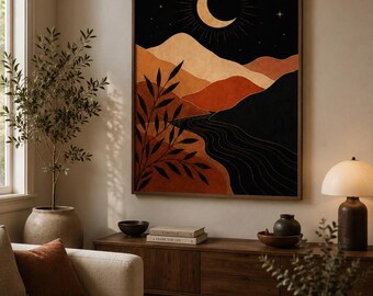 Boho Moon Landscape Print, Terracotta Celestial Mid Century Poster (Digital Download)