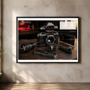 May include: A framed technical print titled Vintage 35mm SLR displaying an exploded view of a camera with its lens, body, and internal components disassembled. Thin lines connect labels to specific parts, and a data table is in the top right corner.
