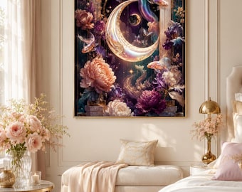 Celestial Koi Moon Wall Art | Fantasy Floral Printable Poster | Dreamy Bedroom Decor | Digital Download