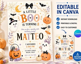 Halloween Birthday Invitation | Editable Canva Template | Little Boo Kids Party Invite | Digital Download