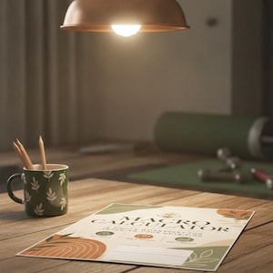 May include: A printed Macro Calculator worksheet with abstract shapes and text, including the title Macro Calculator, A Simple Worksheet For Tracking Your Nutrition, Set Goals, Track Macros, and Reach Results, next to a green mug with white leaf patterns.