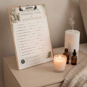 May include: A wooden clipboard holding a printed checklist titled Accessories & Personal Items, featuring rows for tracking various belongings. The document includes checkboxes and lines for item details, condition, and weekly restock reminders.
