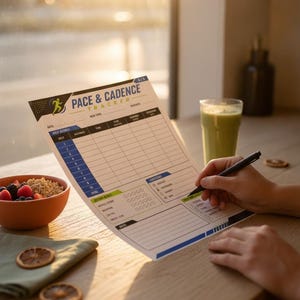Könnte beinhalten: Ein weißes Pace & Cadence Tracker-Formular mit blauen und grünen Akzenten. Das Formular enthält Abschnitte für Datum, Laufart, Distanz, Split-Details, Herzfrequenz und Notizen. Es zeigt eine Grafik eines Läufers und ein Raster zur Datenerfassung.