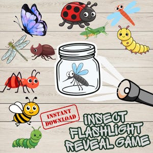 Puede incluir: Un gráfico digital que presenta una colección de insectos de dibujos animados coloridos, incluyendo una mariposa, mariquita, libélula, escarabajo, hormiga, abeja y orugas alrededor de un frasco de vidrio con un mosquito y un haz de linterna, con el texto INSTANT DOWNLOAD INSECT FLASHLIGHT REVEAL GAME.