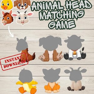 Op de afbeelding: Een dierenkop-matching spel met cartoon dierenkoppen van een eend, hond, paard en geit. Hieronder staan zes hoofdloze dierenlichamen in verschillende kleuren, waaronder bruin, wit en geel. De tekst luidt ANIMAL HEAD MATCHING GAME.