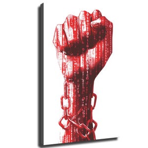 A fist of binary computer code with a large chain tied around the wrist  HD Picture Print Wall Art Modern Home Bedroom Aesthetic Decor