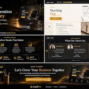 May include: A digital marketing presentation for LeadPro featuring a lead generation survey, client testimonials, and business growth metrics. The layout includes a laptop, a smartphone, and gold-toned graphics on a dark background with text.