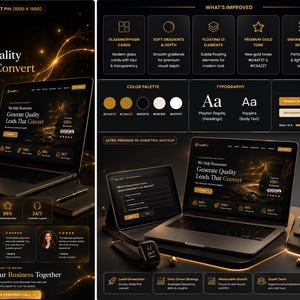 May include: A digital marketing presentation featuring a laptop, tablet, smartphone, and smartwatch displaying a LeadPro interface with a black and gold colour scheme, showcasing UI design elements, typography, and business lead generation metrics.