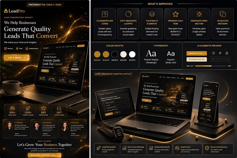May include: A digital marketing presentation featuring a laptop, tablet, smartphone, and smartwatch displaying a LeadPro interface with a black and gold colour scheme, showcasing UI design elements, typography, and business lead generation metrics.