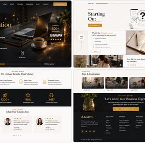 May include: A collection of four website interface layouts for LeadPro, featuring a dark and light color scheme with gold accents. The designs include a lead generation survey, a starting out section, service highlights, and a footer with contact info.