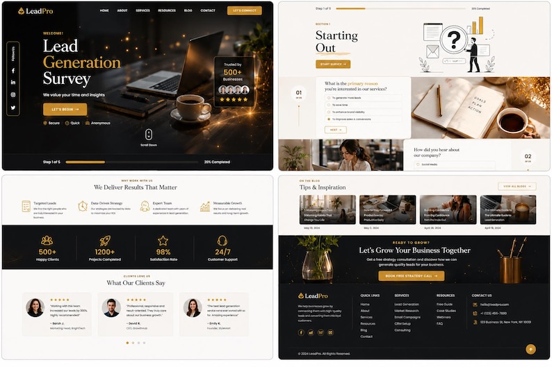 May include: A collection of four website interface layouts for LeadPro, featuring a dark and light colour scheme with gold accents. The designs include a lead generation survey, a starting out section, service highlights, and a footer with contact info.