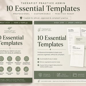 May include: A digital product display featuring 10 Essential Templates for therapist practice administration. The beige and olive green graphics include text, icons, and document previews labelled New Client Information, Informed Consent, and Fee & Payment Record.