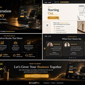 May include: A digital marketing presentation for LeadPro featuring a lead generation survey, client testimonials, and business growth metrics. The layout includes a laptop, a smartphone, and gold-toned graphics on a dark background with text.