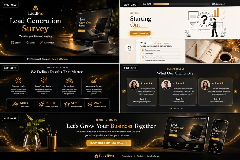 May include: A digital marketing presentation for LeadPro featuring a lead generation survey, client testimonials, and business growth metrics. The layout includes a laptop, a smartphone, and gold-toned graphics on a dark background with text.
