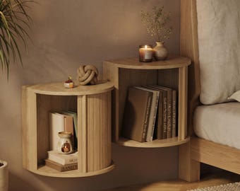 Set of 2 Curved Fluted Floating Nightstands | Wall Mounted Bedside Table with Tambour Door