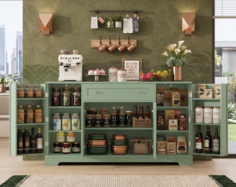 54" Modern Coffee Bar Cabinet | Green Buffet Sideboard with Spice Rack Doors
