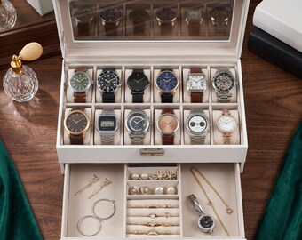 12 Slot Leather Watch Box with Glass Lid | Watch and Jewelry Organizer Drawer Storage