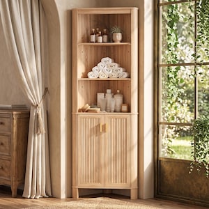 Armario esquinero alto acanalado / Organizador de almacenamiento de 6 niveles para baño, cocina y sala de estar. Natural Oak