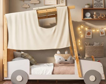 Handmade Wooden Car Playhouse Bed, Twin/Full Canopy Frame, Natural Wood, Kids Dreamland