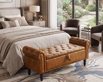Mid-Century Modern Upholstered Storage Bench | Faux Leather, Fur, Linen Ottoman