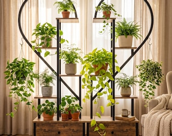 Heart or Cone Plant Stand Set of 2 | 5-Tier Tall Farmhouse Wood Shelf with Wheels & Hooks | Rustic Indoor Plant Display