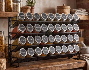 Spice Rack Organizer with Jars & 386 Labels | Tiered Wall or Rotating Tower (20-36 Jars)