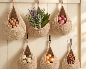 Set of 6 Handwoven Teardrop Baskets | Boho Cotton Kitchen Storage Organizer
