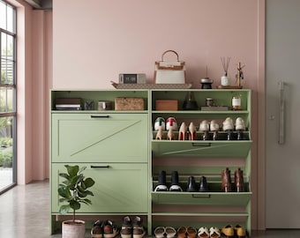 Narrow Shoe Cabinet with 2 Flip Drawers | 9.5" Slim Farmhouse Entryway Organizer with Open Shelf and Side Hooks | Holds 16 Pairs