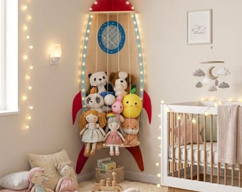 Spaceship Corner Toy Organizer | Wood Plush Display for Nursery & baby Room Decor