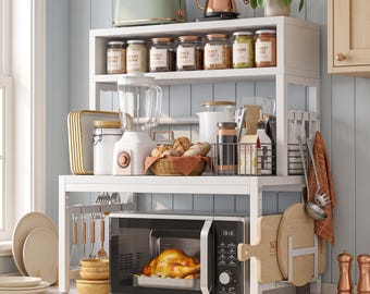 4-Tier Kitchen Microwave Stand with 9 Hooks, Cutting Board Rack